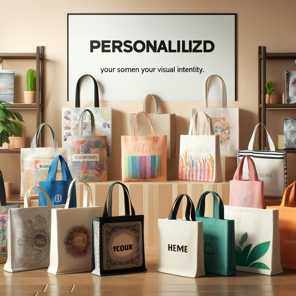 Różnorodność personalizowanych toreb bawełnianych z nadrukami i kolorami dostosowanymi do identyfikacji wizualnej firmy.